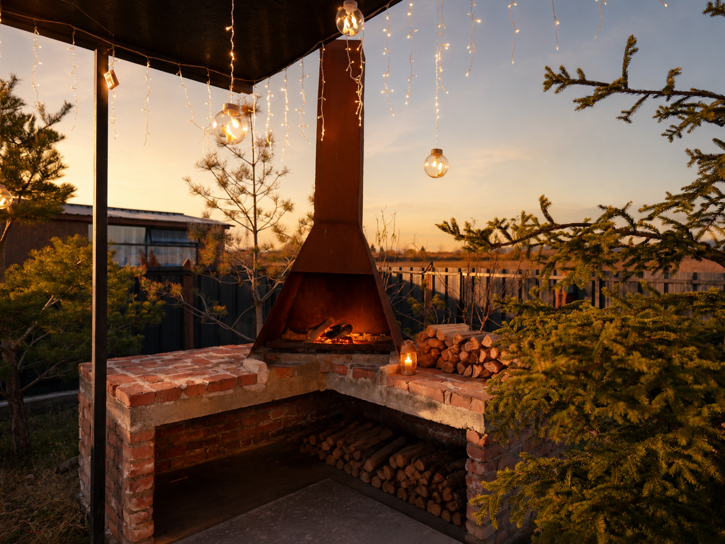 Outdoor fireplace and BBQ area glowing at sunset in a private cabin yard near Tbilisi