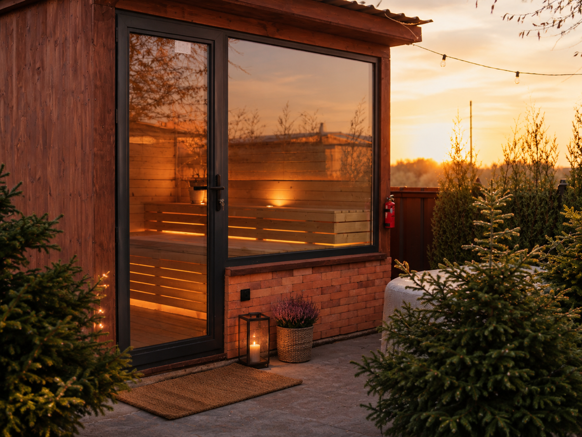 Private sauna cabin entrance glowing at sunset